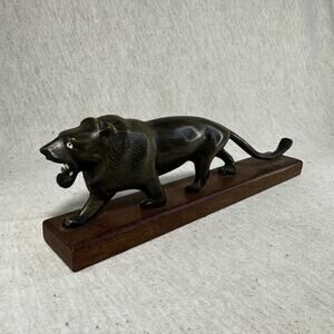 Vintage Carved Black Horn Lion on Wood Base - 9"